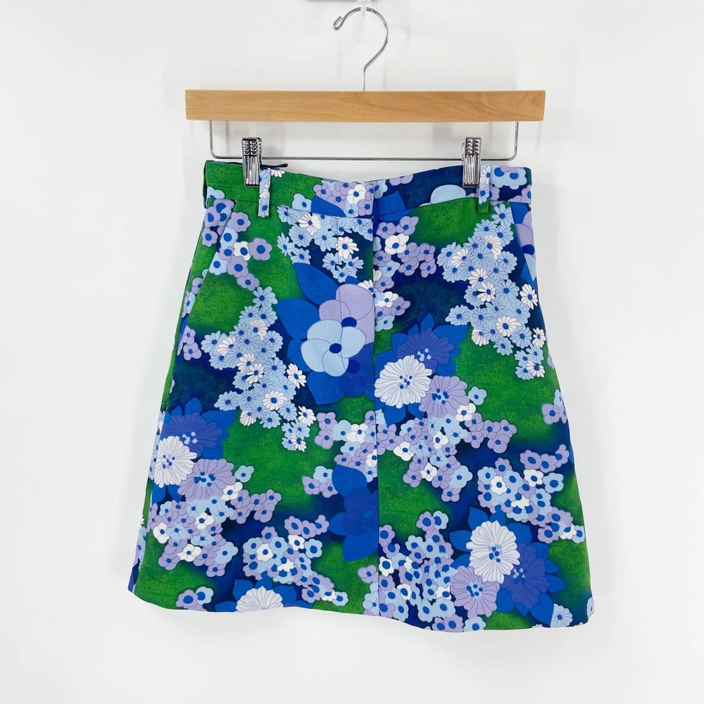 Carven Blue and Green Cady Floral Printed Mini Skirt